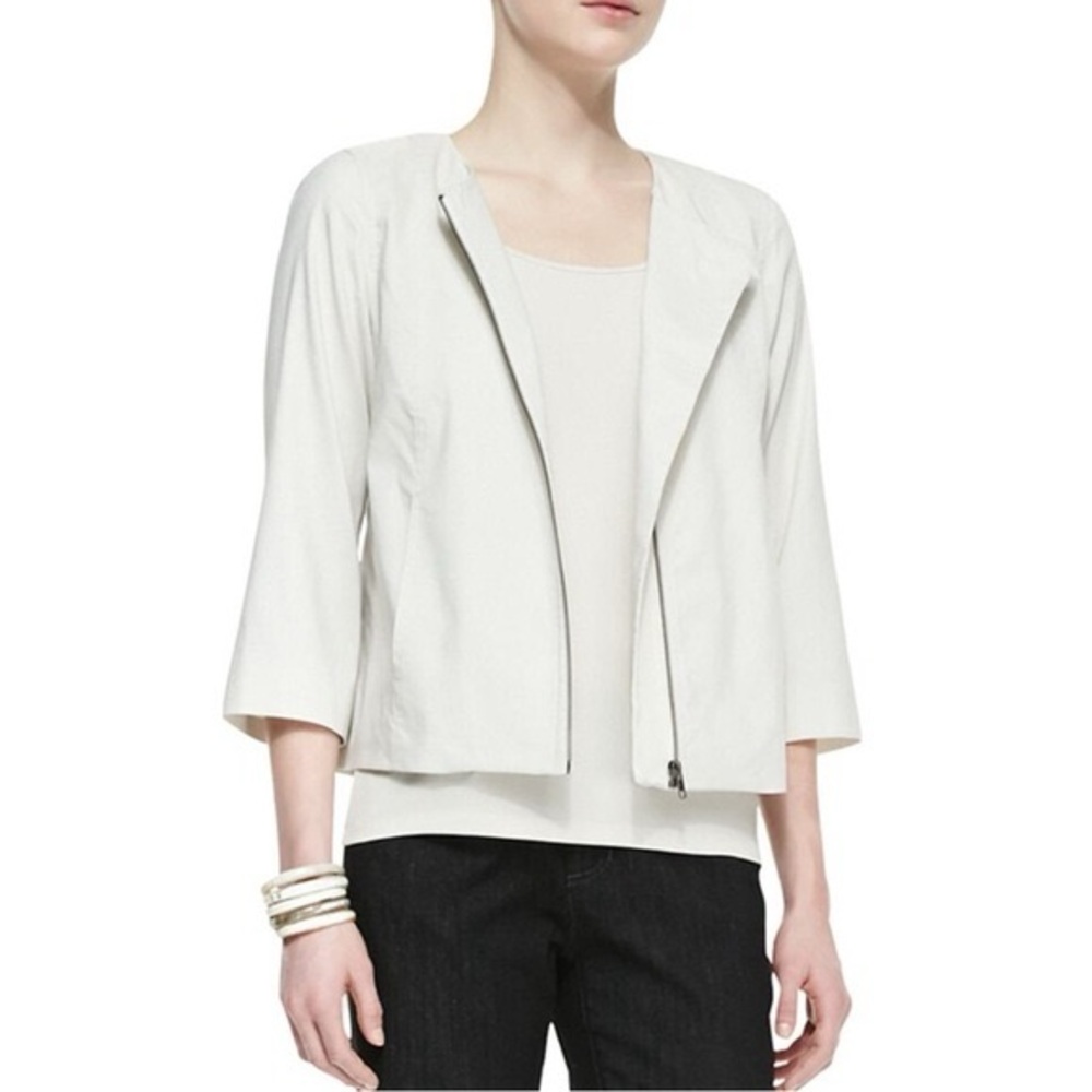 Eileen Fisher Polished Ramie Stretch Zip Front Jacket in the color bone
